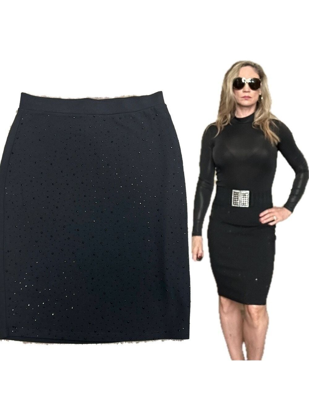 Frank Lyman black crystal rhinestone embellished bodycon pencil mini skirt S